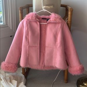 Baby pink faux suede and fur jacket